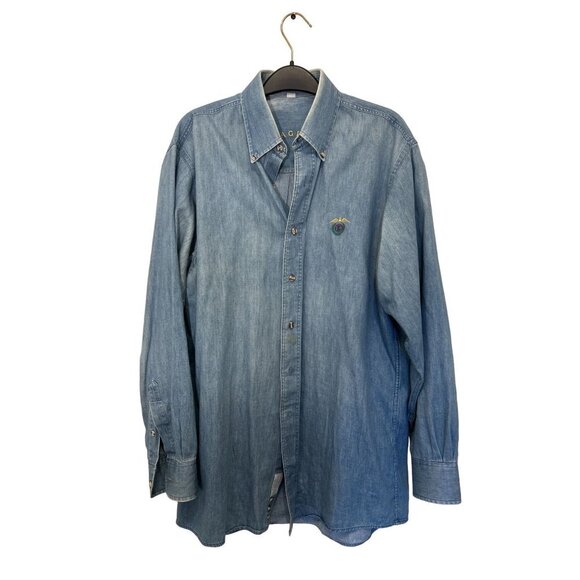 Men's EAGLE Cotton Long Sleeve Jean Button Down Shirt eagle Embroidery Size 15.5 - Picture 1 of 9